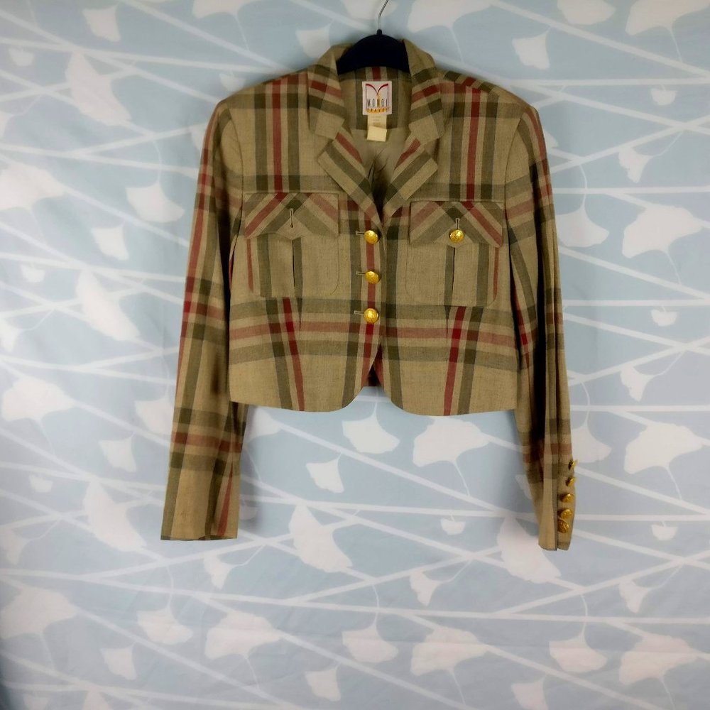 Linen blend Cropped blazer Balmain-style has Pockets, Gold buttons